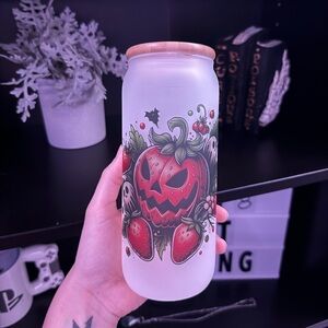 Frosted Spooky Strawberry Glass Cup with Lid and Straw | Summerween | Halloween